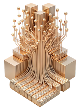 Art Deco-style tree with branching limbs, representing the consolidation of multiple OLX accounts into a single, streamlined system for efficient message management and response automation.