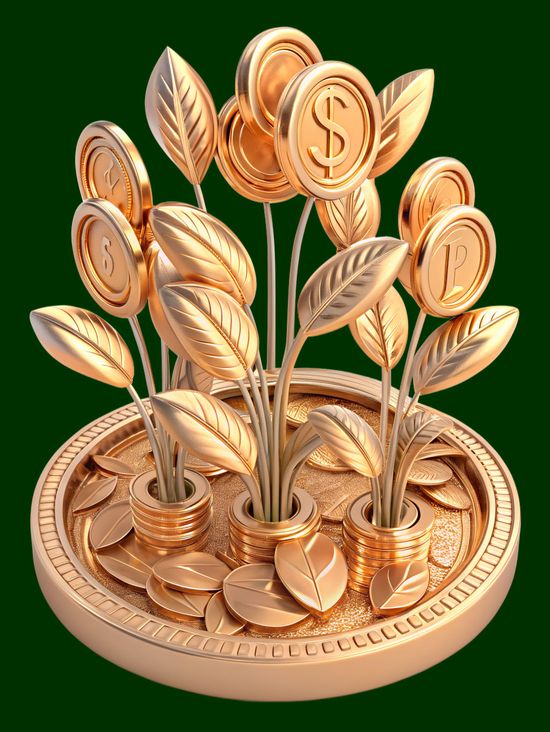 Art Deco illustration of golden coin plants sprouting from stacks of coins, symbolizing economic growth and enhanced business efficiency through the use of a chatbot for OLX.