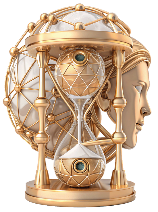 Art Deco-inspired illustration of an AI hourglass with a human profile, symbolizing the fusion of time, technology, and the efficiency of a chatbot for OLX, providing personalized service