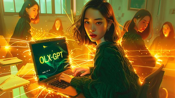 A young woman in a green sweater sits in front of a laptop with 'PulsGPT' on the screen, surrounded by dynamic golden energy lines and sparks, evoking the transformative impact of a chatbot for OLX in a warmly lit, ethereal setting with reflections of her face enhancing the dynamic atmosphere.