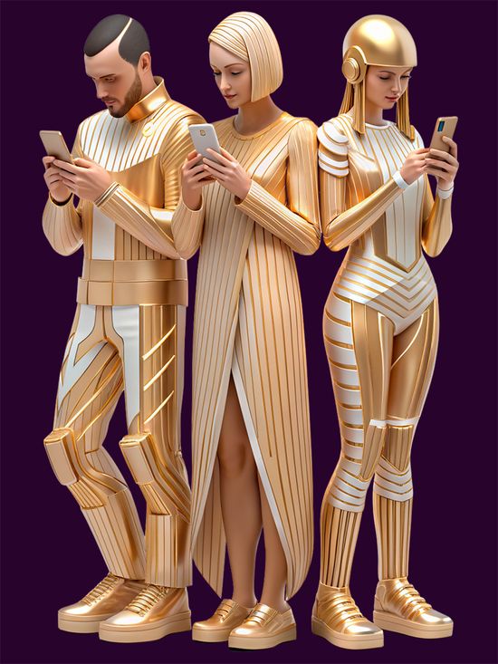 Futuristic golden-clad figures using smartphones, representing modern customers engaging with advanced technology and experiencing the seamless service of a chatbot for OLX.